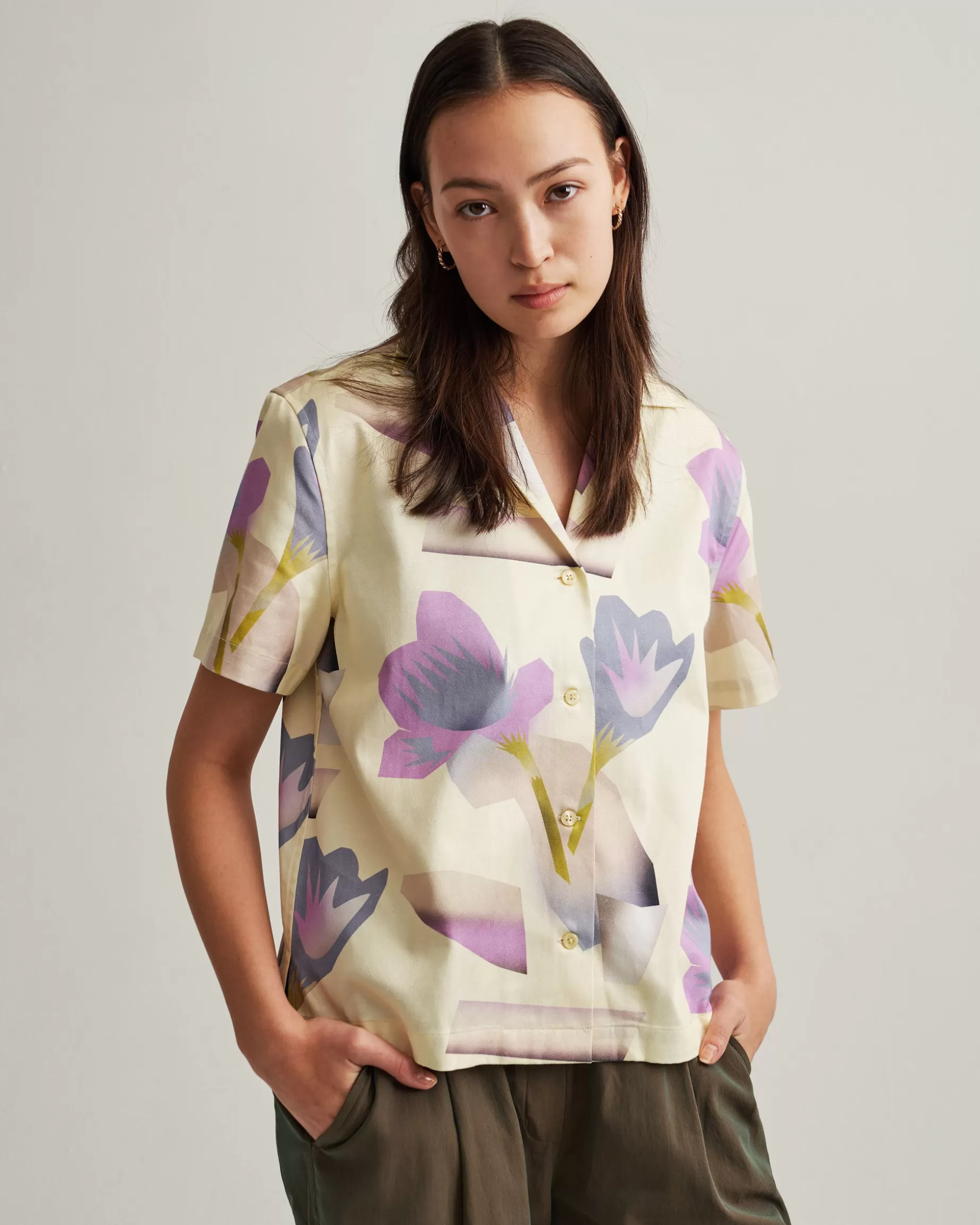 Women Saturdays NYC Dani Lagoon Blooms Camp Collar Short Sleeve Shirt