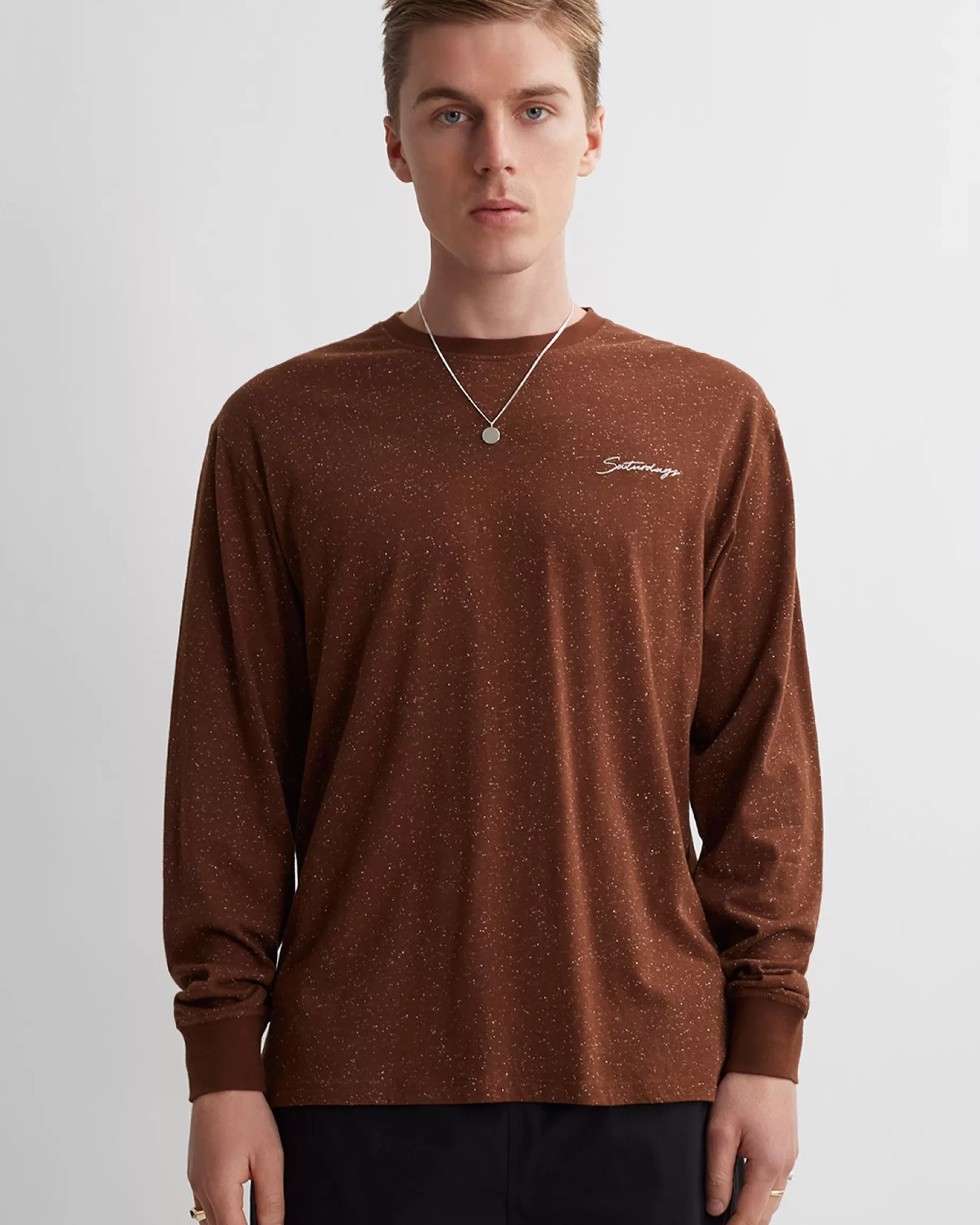 Men Saturdays NYC Speckled Chain Script Embroidered Long Sleeve Tee